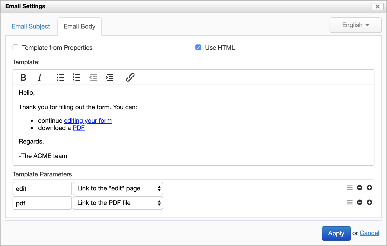 Links in an email template