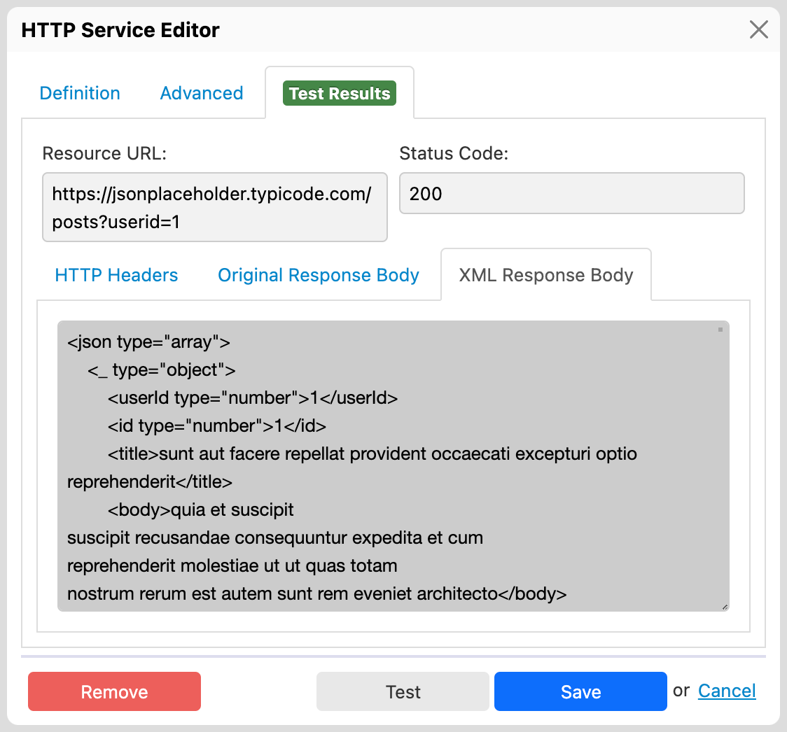 Test Results tab with XML response body