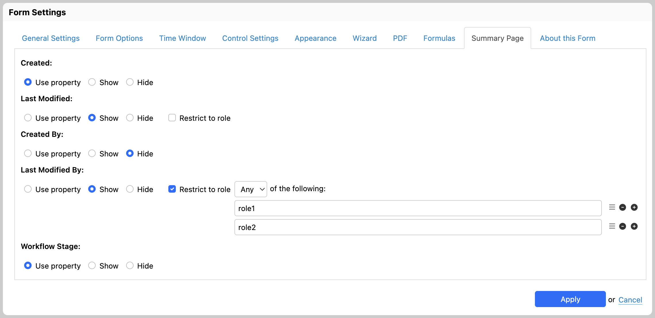 Summary Page tab of the Form Settings dialog