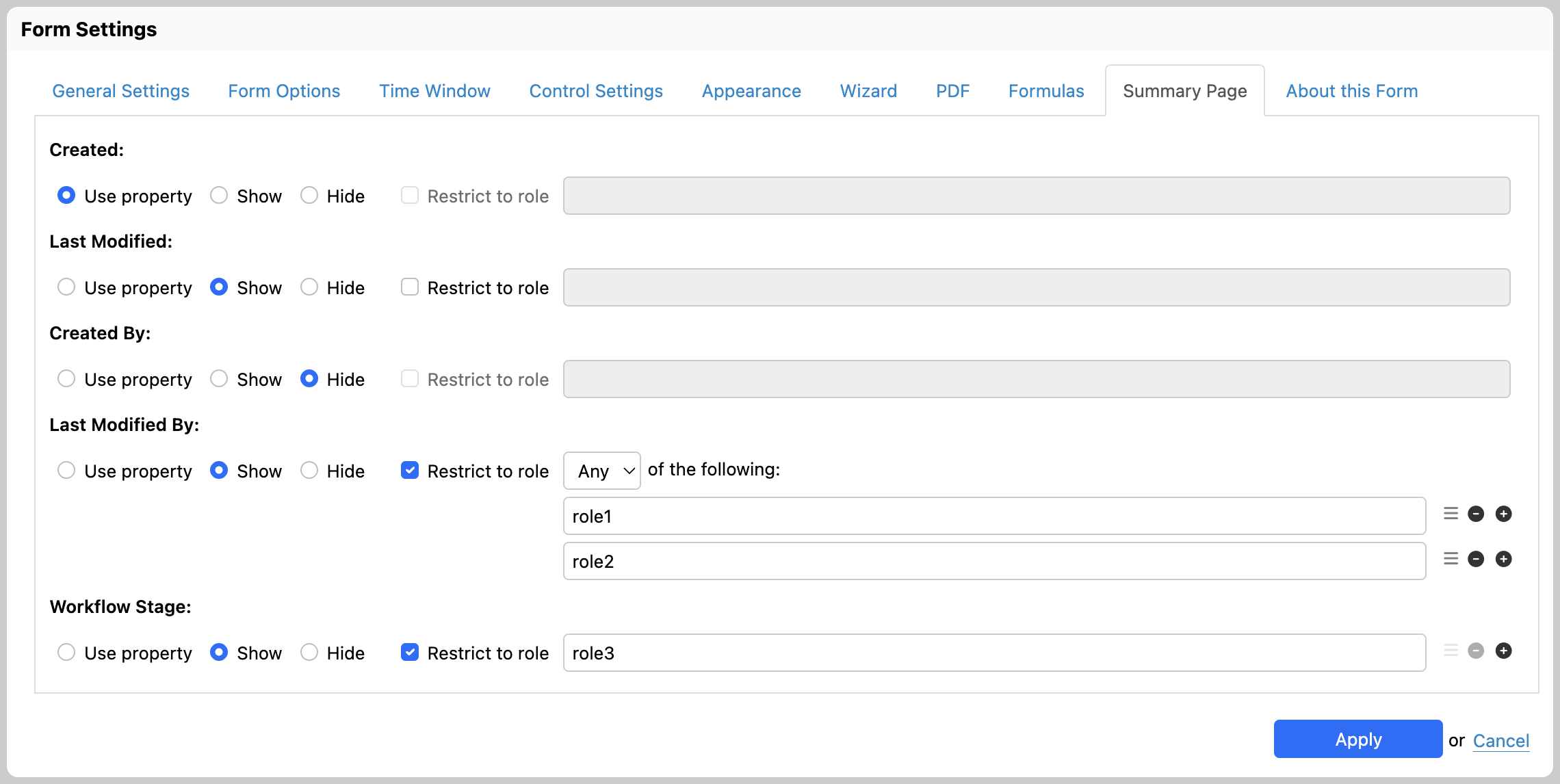 Summary Page tab of the Form Settings dialog