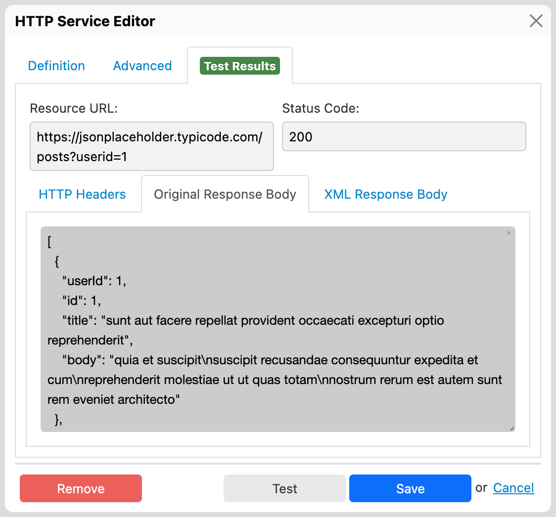 Test Results tab with response body